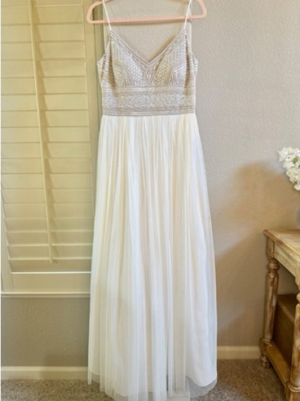 Adrianna Papell Ivory Beaded Mesh Maxi Slip Dress